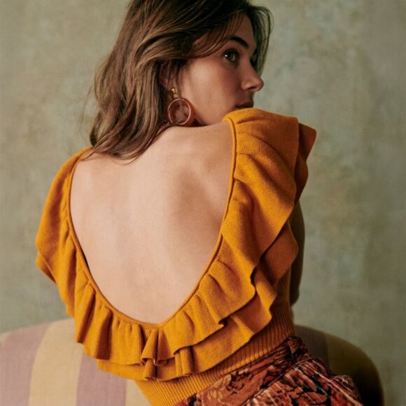 Sezane Isabella Ruffle Knit Bodysuit in Ochre - Picture 2 of 5